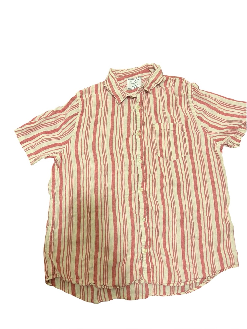 Cotton On 100% Linen Striped Short Sleeve Shirt Red White Large